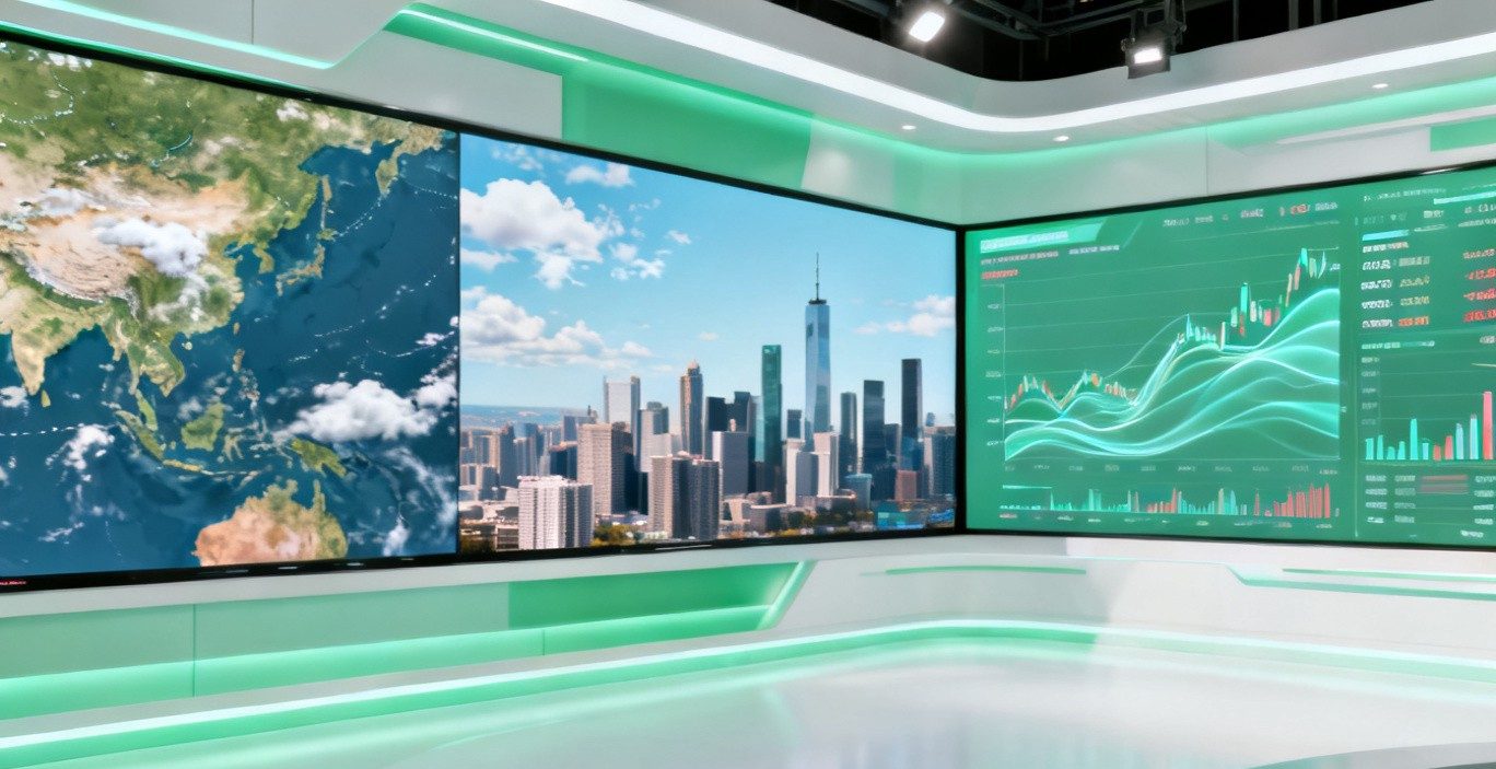 显示实时天气地图与金融图表的明亮媒体墙