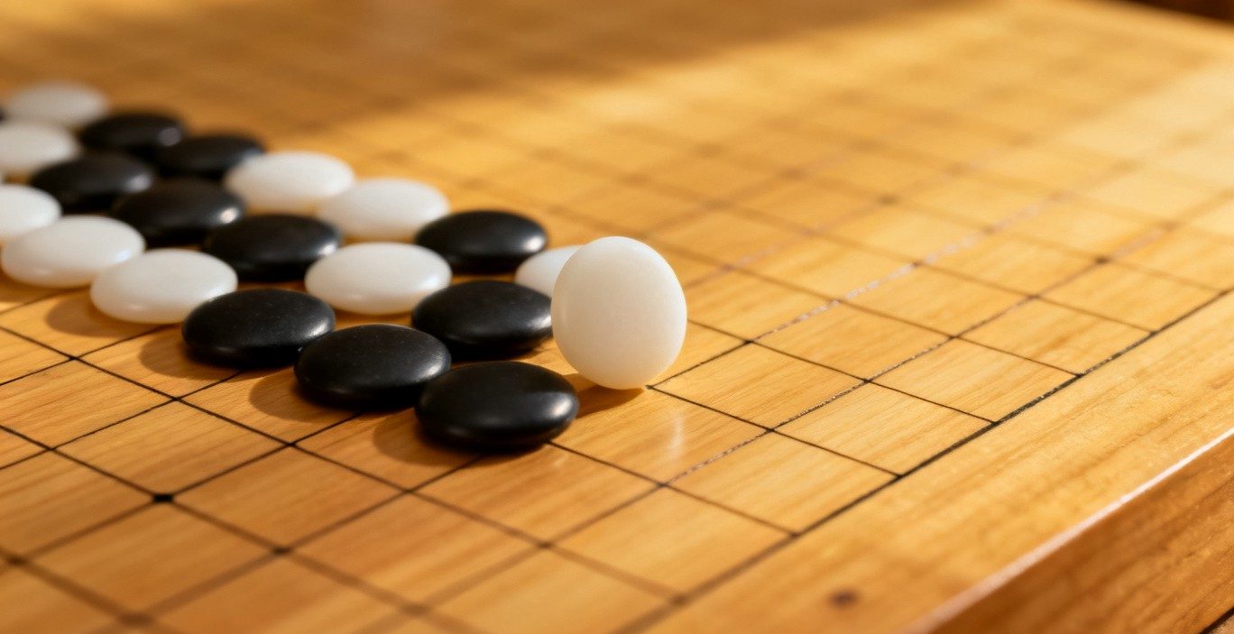 木质围棋棋盘上白子刚落子提掉黑子的对局特写