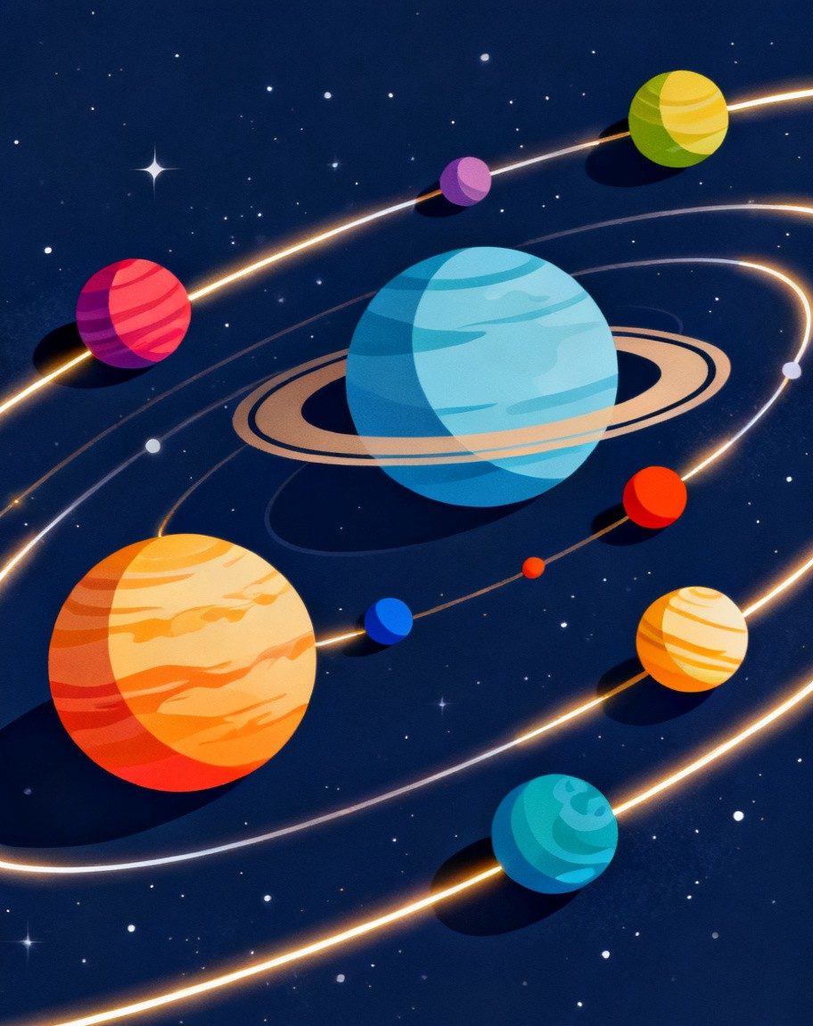 深蓝星空背景上沿轨道排布的太阳系科普插画