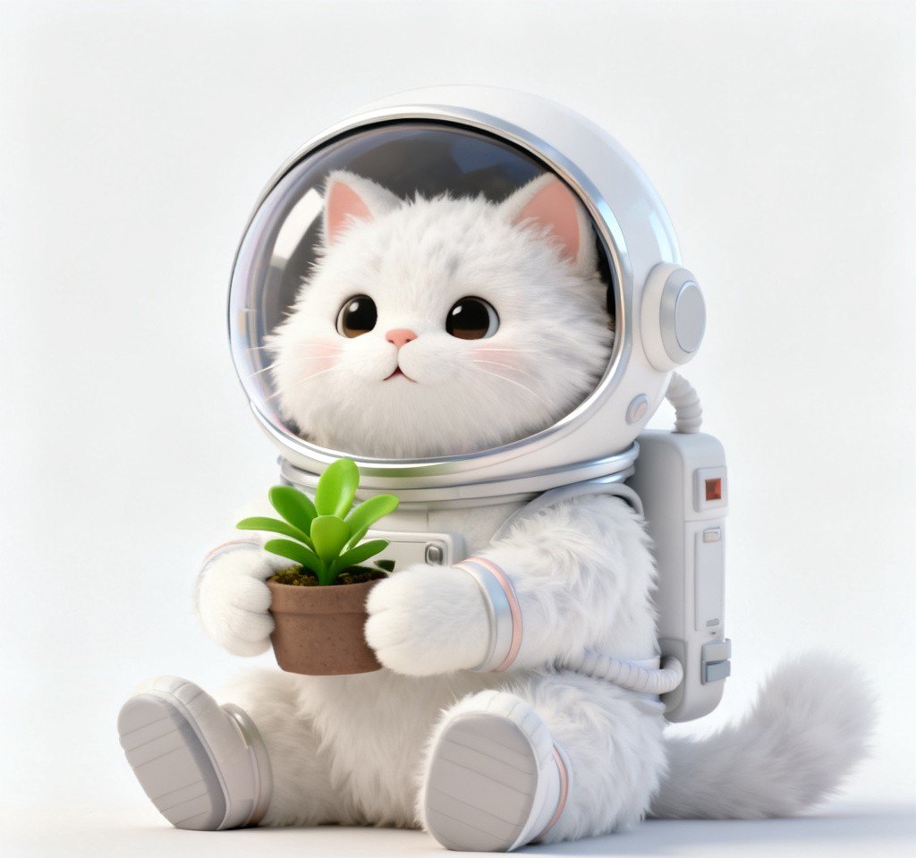 白色猫咪宇航员手持绿植的 3D 角色创作