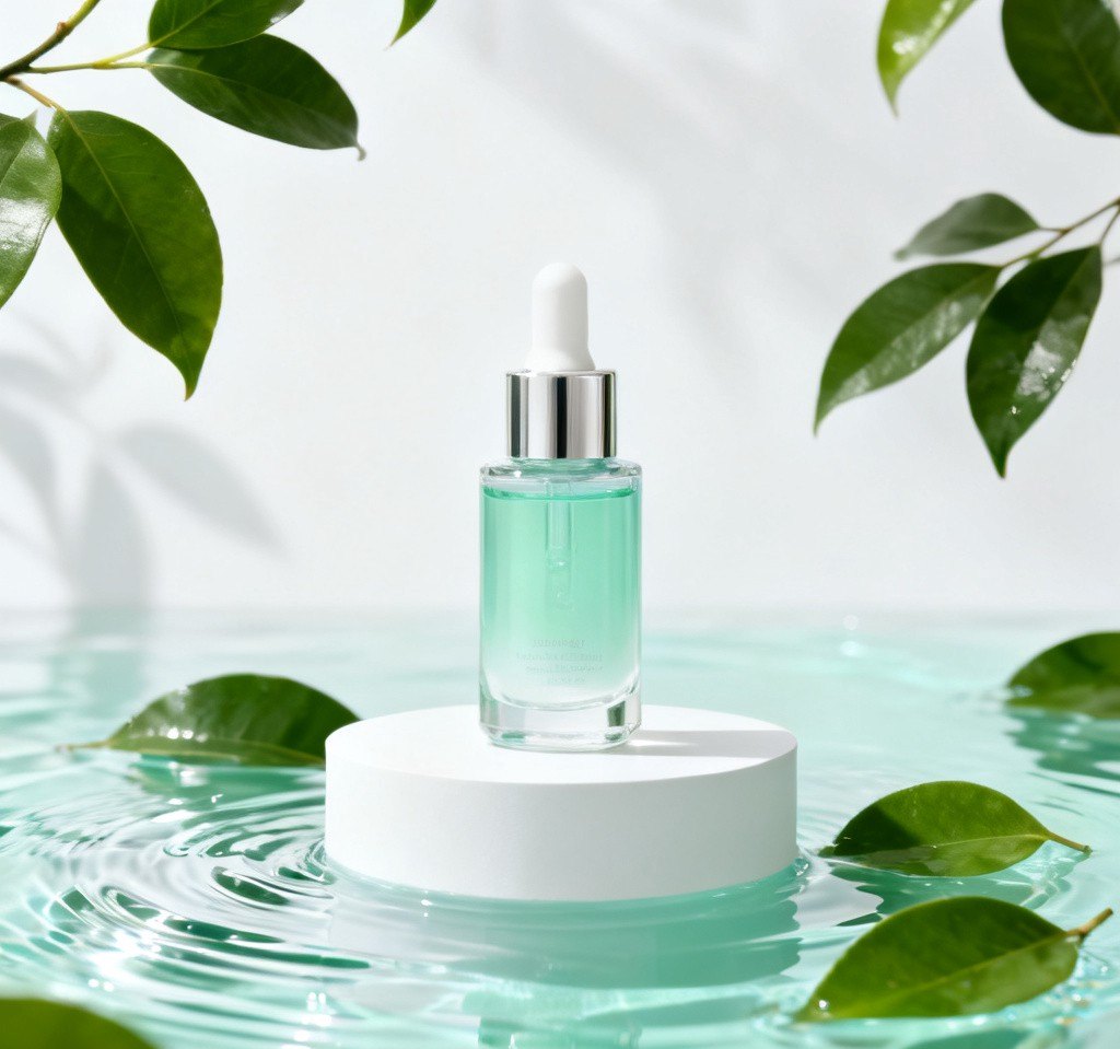 绿植与清水环绕的精华液商品棚拍视觉
