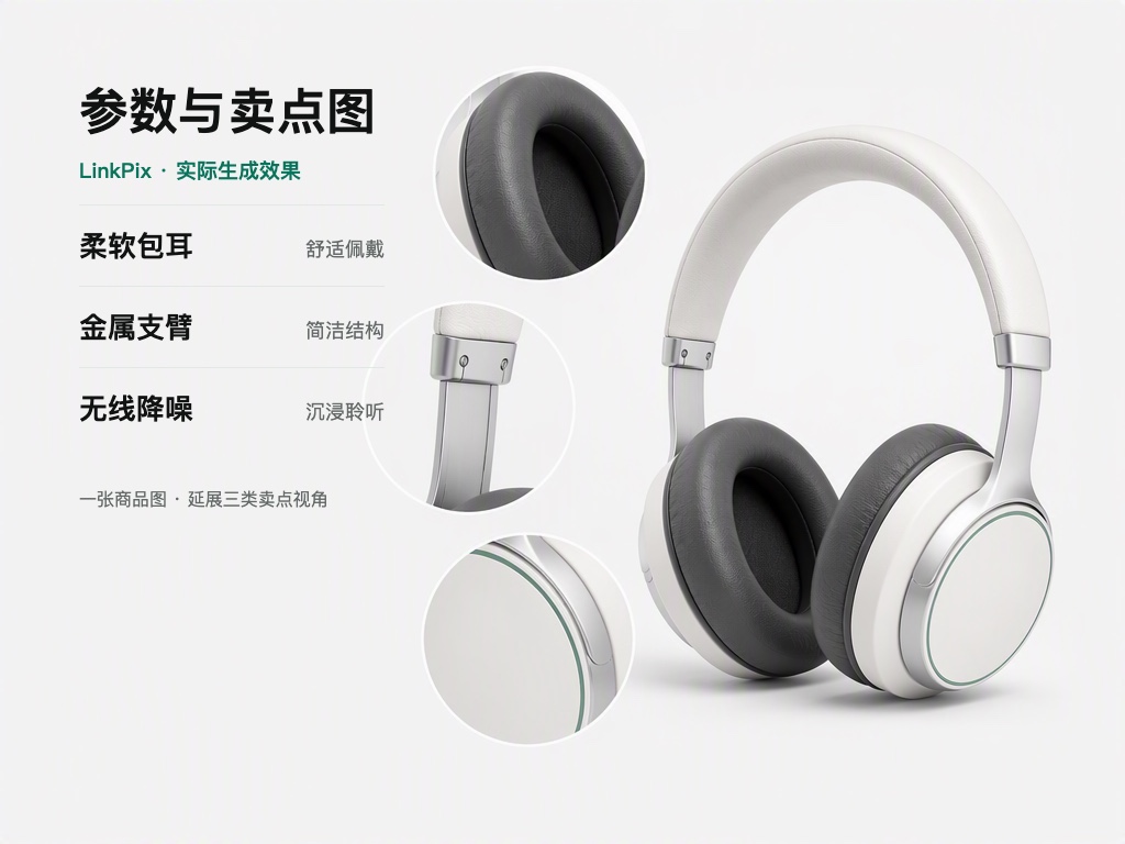 LinkPix 实际生成的同款耳机参数与卖点展示图