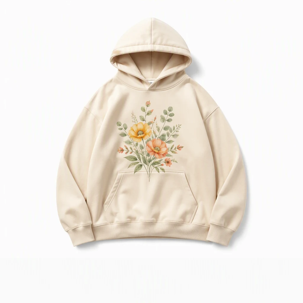 胸前印有花卉图案的米色连帽卫衣